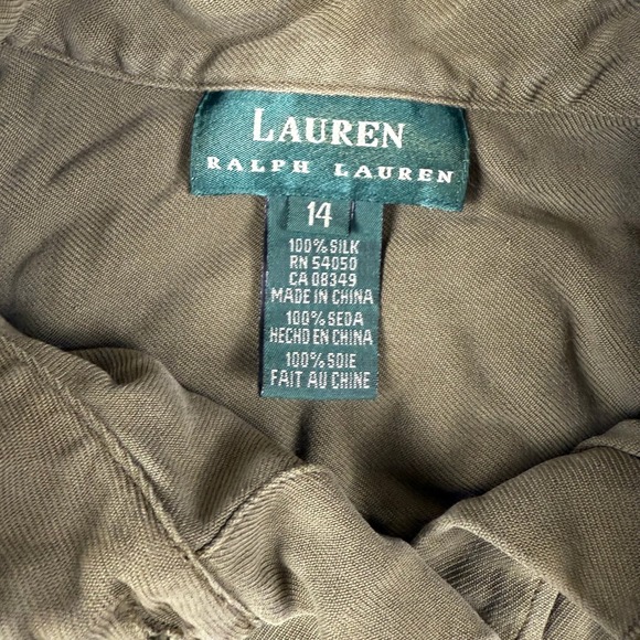 Lauren Ralph Lauren Silk Button Down Top Ruched Sleeve Olive Green 14 - Picture 5 of 7